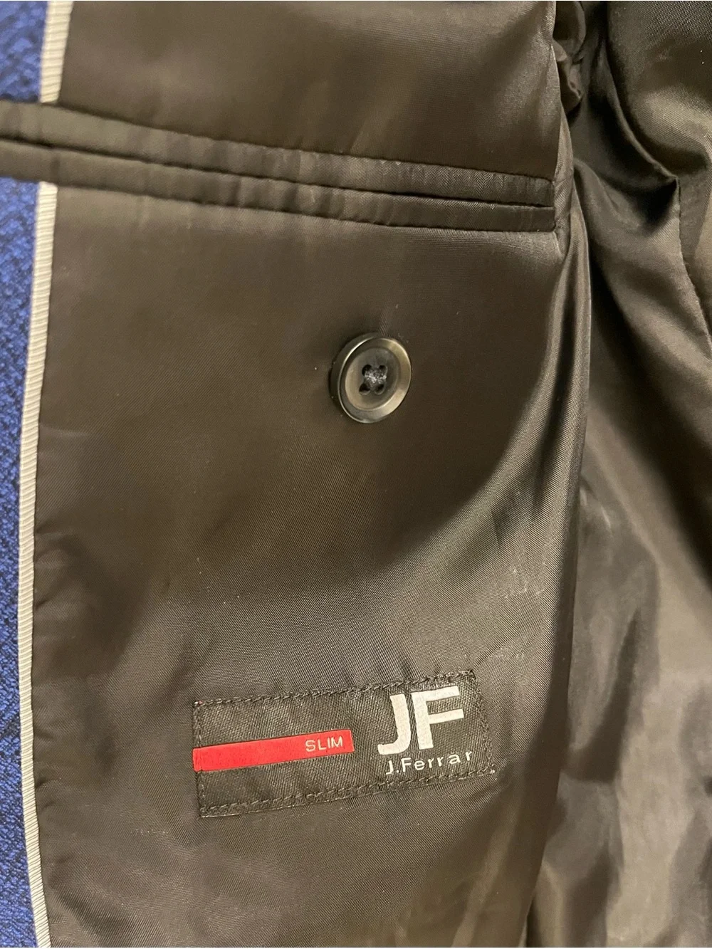 J. Ferrar royal blue tuxedo style jacket with black satin accents